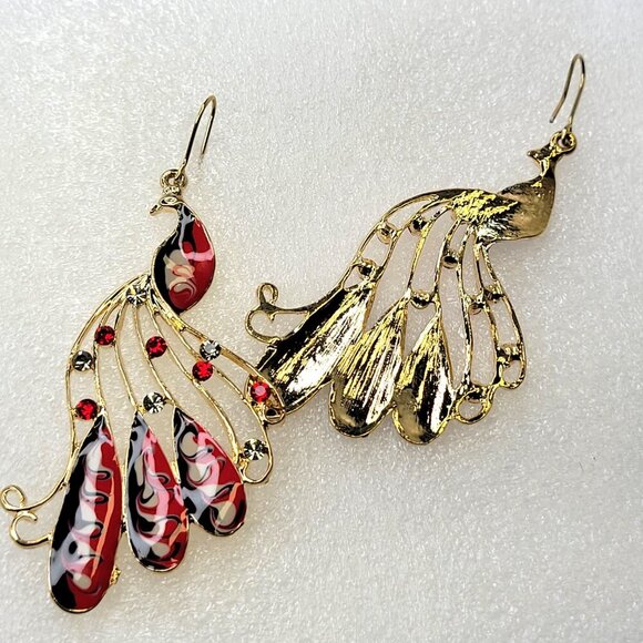 Peacock Chandelier Earrings Gold Red and Black Bird Earrings - Picture 3 of 7